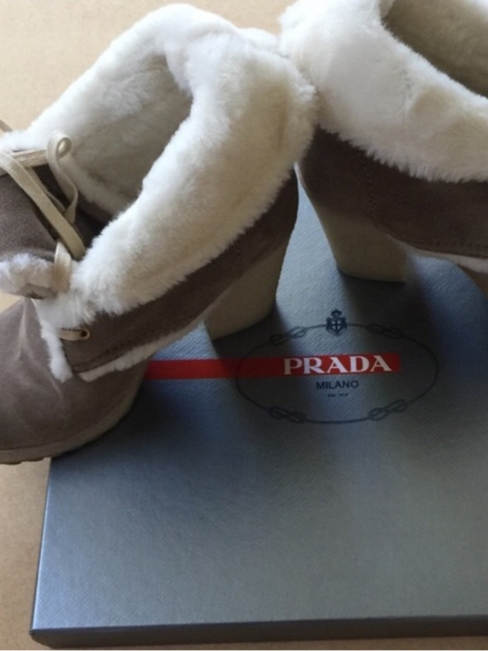 Prada Tan Suede Wedged Heeled Laced Booties Fur Lined - Picture 4 of 4
